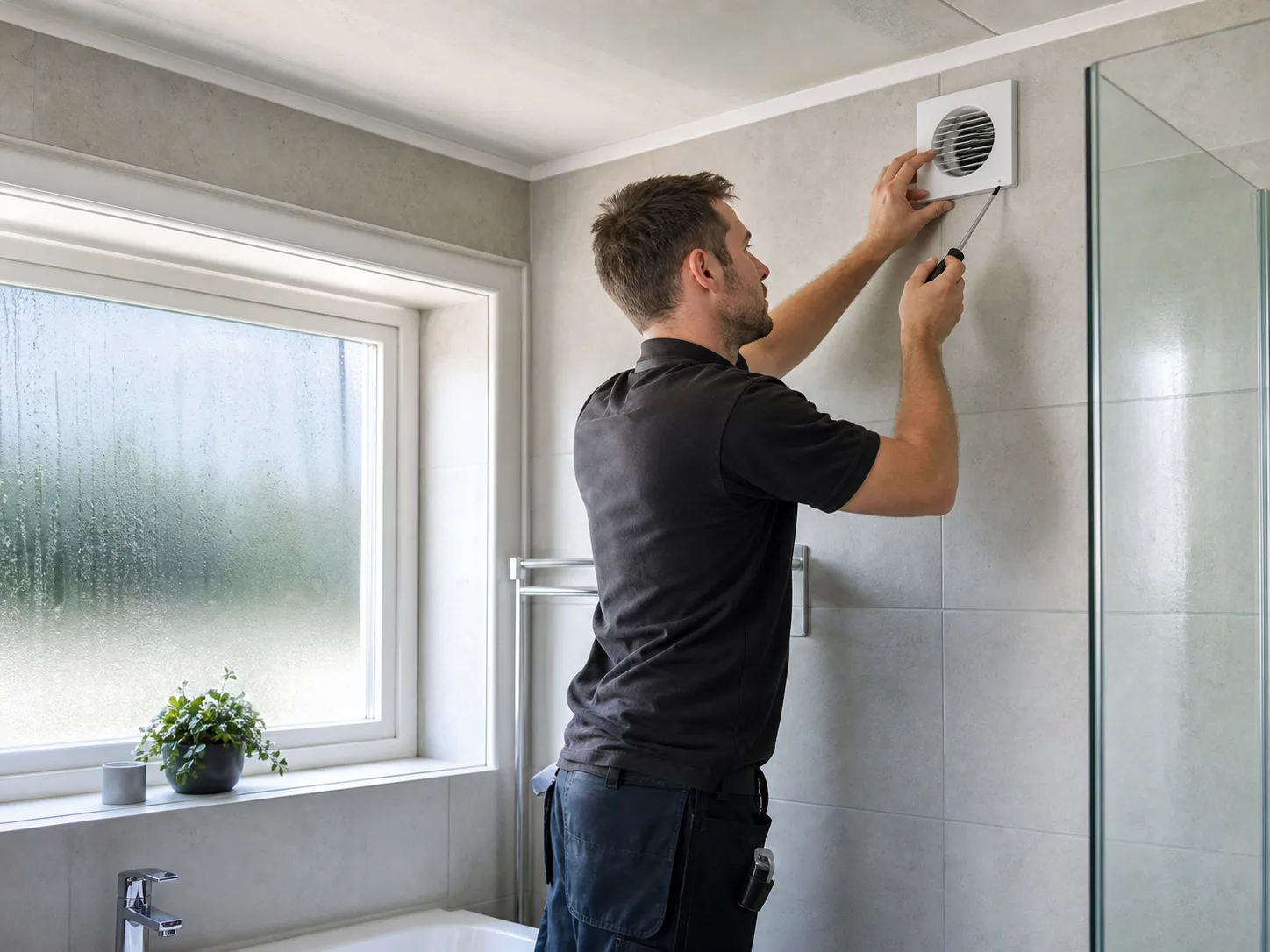 Ventilatiespecialist installeert ventilatie in een vochtige ruimte