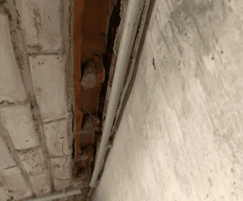 Vochtige keldermuur met afbrokkelend voegwerk